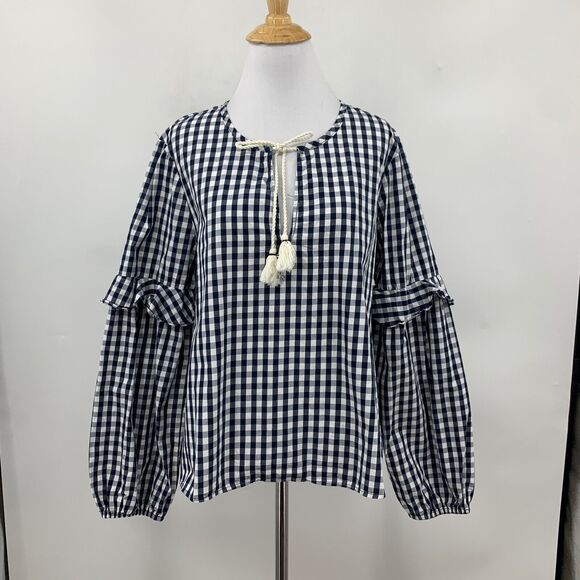 Splendid Blouse Womens L Large Navy Gingham Check Ruffled Sleeve Tassel Tie Top - Picture 2 of 13